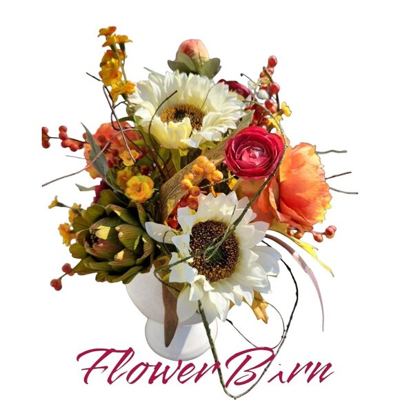 Autumn Artificial Floral Centerpiece With Sunflowers & Ranunculus Arrangement Wh - Picture 5 of 9